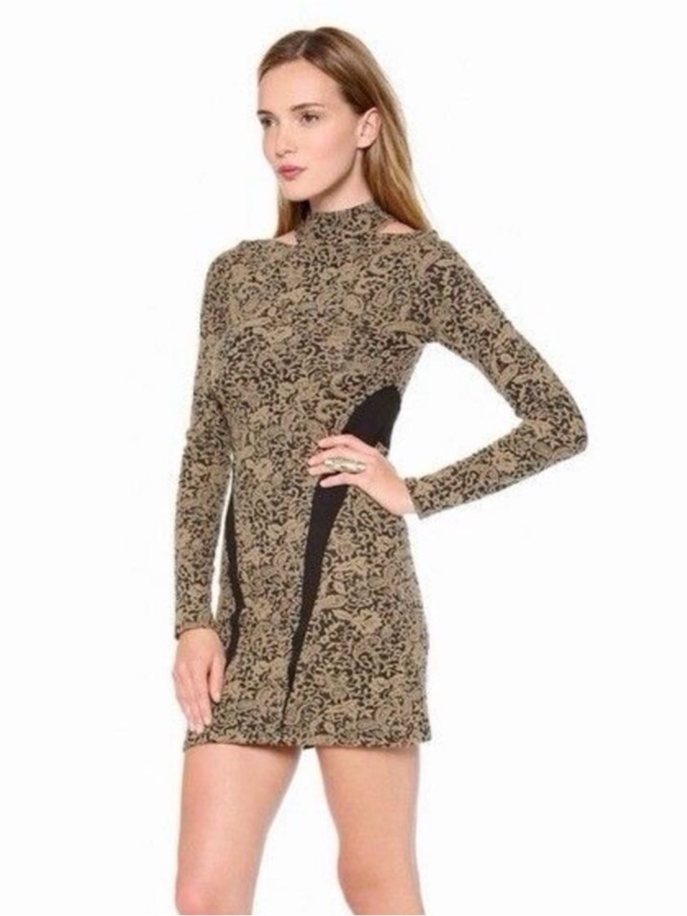 Free People Night Play Ginger Jacquard Dress L Taupe Black Paisley